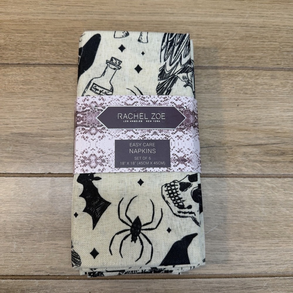 Halloween Icon Napkins Set 6 Rachel Zoe Easy Care Skull Witch Bat Spider Potion
